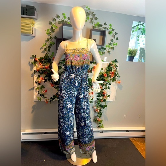 Cupshe‎ Boho style Sleeveless Wide leg Floral Blue Jumpsuit Romper Size Large - Picture 1 of 8